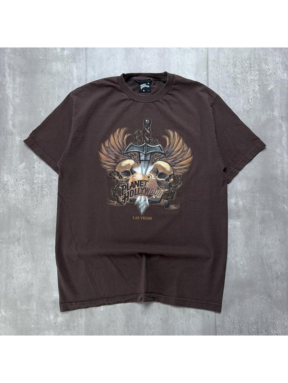 Vintage 1998 Brown Planet Hollywood Grunge Gothic Skull Skater T-Shirt